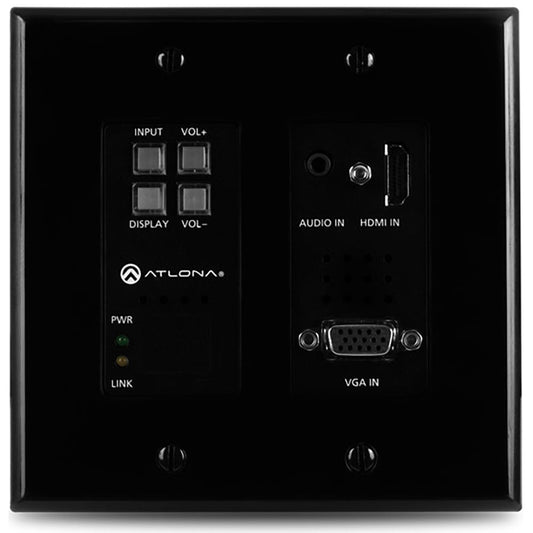 Atlona AT-HDVS-200-TX-WP-BLK wall plate switcher front with HDMI, VGA, audio inputs and control buttons