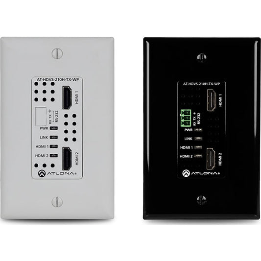 Atlona AT-HDVS-210H-TX-WP dual HDMI wall plate transmitter in white and black, front view with status LEDs