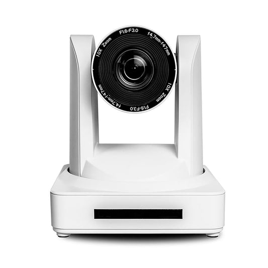 Atlona AT-HDVS-CAM-W white PTZ camera front view with 10X zoom lens and IR sensor bar