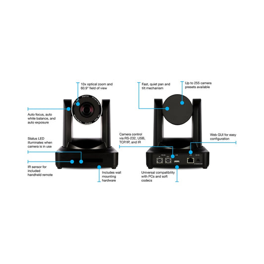 Atlona AT-HDVS-CAM PTZ camera front and rear views with labeled RS-232, USB, LAN and power ports
