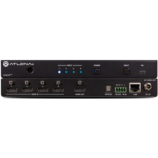 Atlona AT-JUNO-451 HDMI switcher front panel with input LEDs above rear HDMI, optical, RS-232, and LAN ports