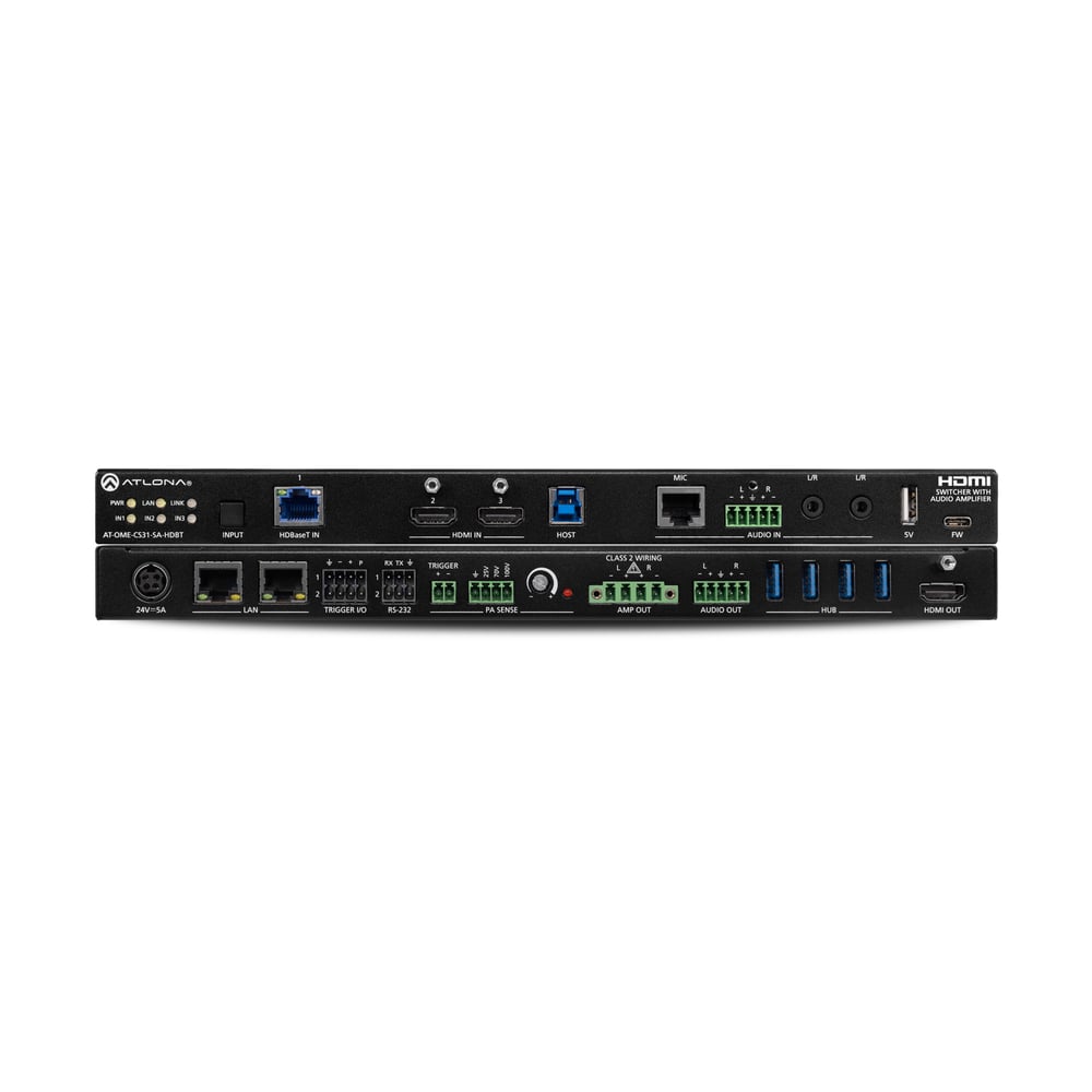 ATLONA AT-OME-CS31-SA-HDBT 3X1 Video Switcher W/ Audio Mixer & Amplifier W/Hdbt Input