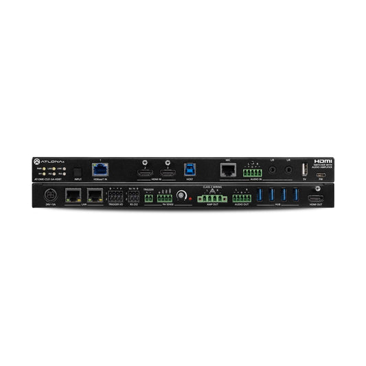 Atlona AT-OME-CS31-SA-HDBT video switcher front and rear panels with HDBaseT, HDMI, USB, and audio ports
