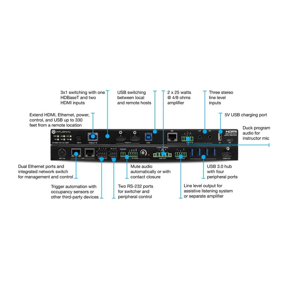 ATLONA AT-OME-CS31-SA-HDBT 3X1 Video Switcher W/ Audio Mixer & Amplifier W/Hdbt Input