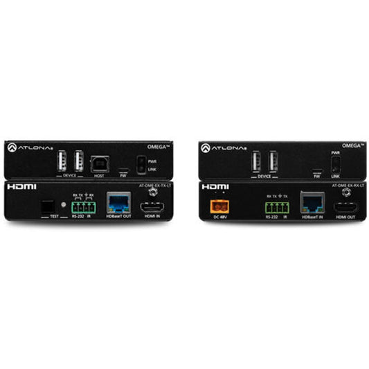 Atlona AT-OME-EX-KIT-LT HDBaseT extender kit with transmitter and receiver units showing USB, RS-232 and HDMI ports