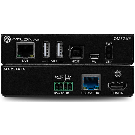 Atlona AT-OME-EX-TX front panel with LAN and USB ports above rear panel RS-232, HDBaseT OUT and HDMI IN