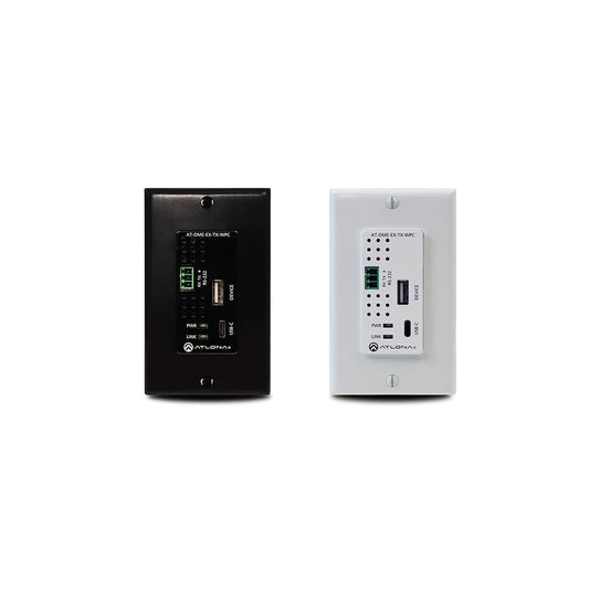 Atlona AT-OME-EX-TX-WPC single gang wall plate transmitter shown in black and white faceplate versions