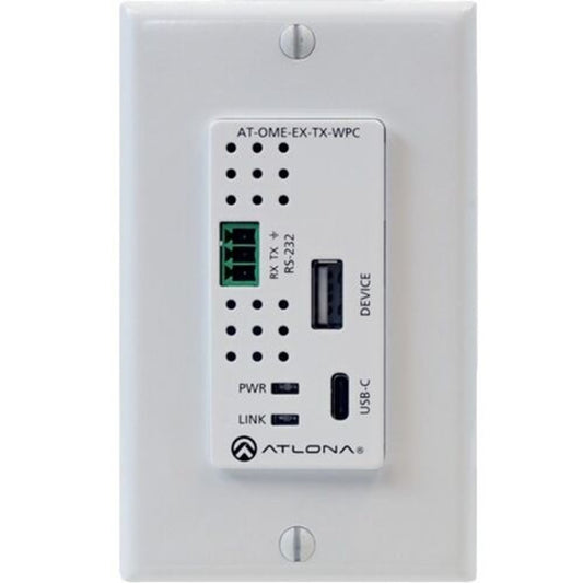 Atlona AT-OME-EX-TX-WPC white wall plate front detail with RS-232 terminal, USB device port and USB-C input