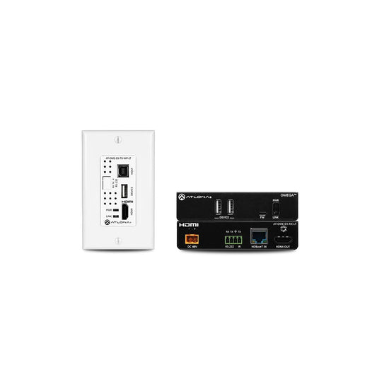 Atlona AT-OME-EX-WP-KIT-LT HDBaseT kit with white wallplate transmitter and black receiver front and rear panels