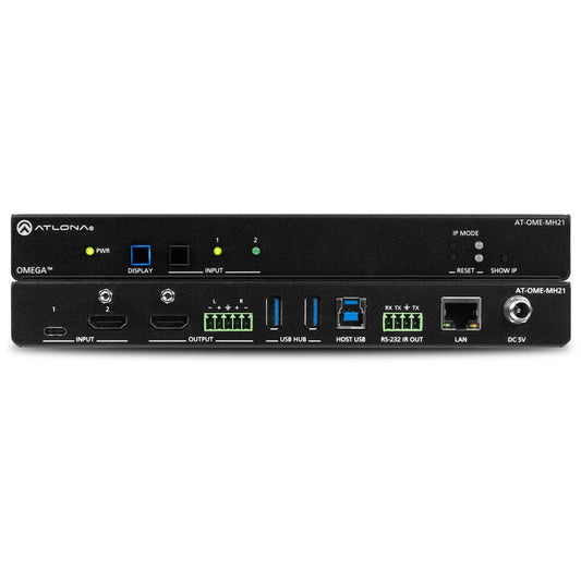 Atlona AT-OME-MH21 Omega meeting hub front panel with input LEDs above rear panel USB-C, HDMI, and LAN ports