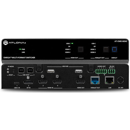 Atlona AT-OME-MS42 Omega multiformat matrix switcher front panel above rear panel with USB-C, DP, and HDMI inputs