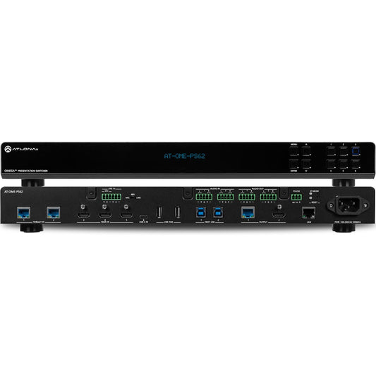 Atlona AT-OME-PS62 Omega presentation switcher front panel with display and rear input panel