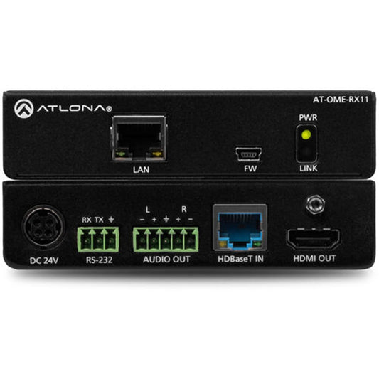 Atlona AT-OME-RX11 HDBaseT receiver front and rear panels with LAN, RS-232, audio out and HDMI out