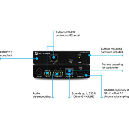 ATLONA AT-OME-RX11 Omega 4K/Uhd Hdmi Over Hdbaset Receiver With Control/Audio Output & Poe