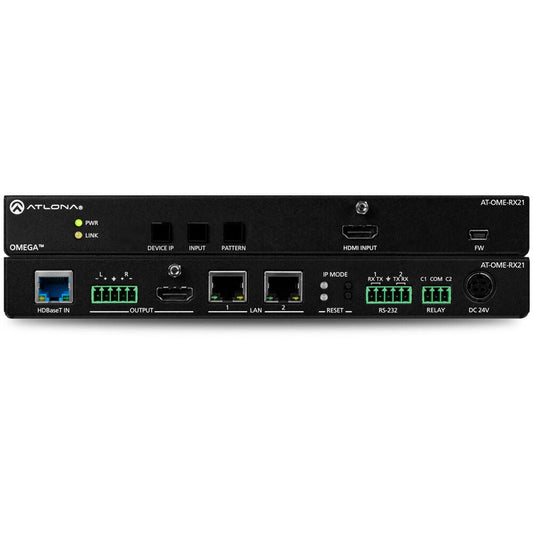 Atlona AT-OME-RX21 Omega HDBaseT receiver front panel and rear panel with LAN, RS-232, and relay ports