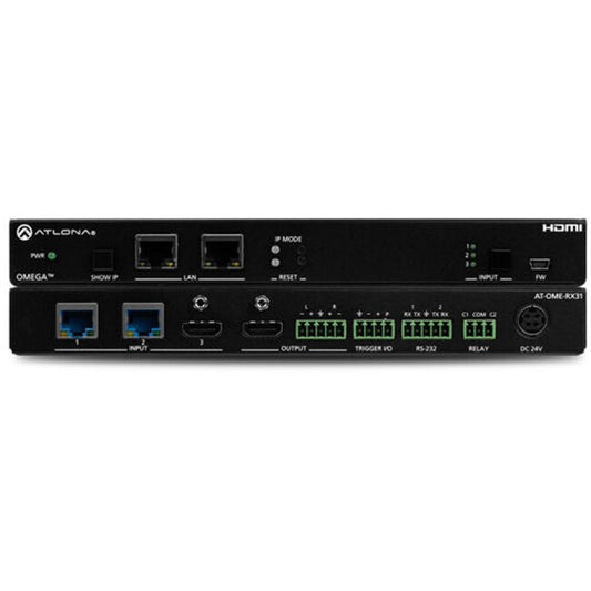 Atlona AT-OME-RX31 Omega 4K receiver front and rear panels with HDBaseT, HDMI, RS-232 and relay ports