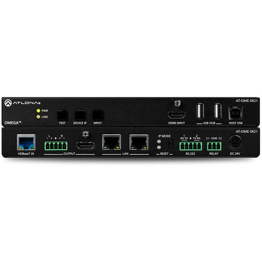 Atlona AT-OME-SR21 HDBaseT receiver front panel with HDMI input and USB ports shown above rear connector panel
