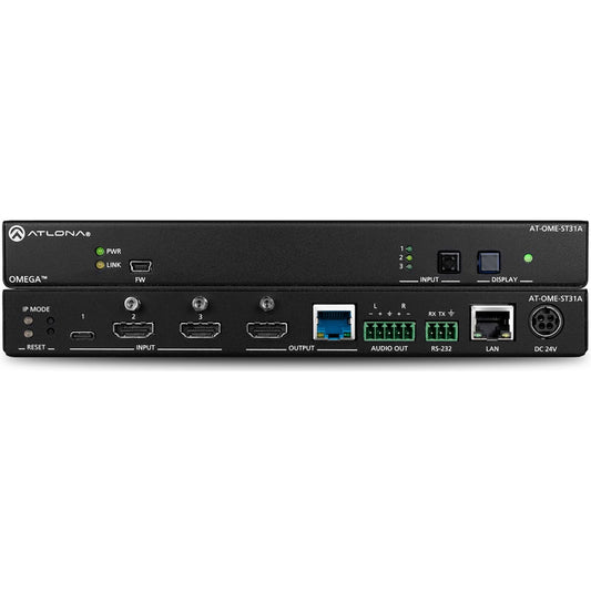 Atlona AT-OME-ST31A HDBaseT switcher front panel and rear panel with USB-C, HDMI, audio and LAN ports