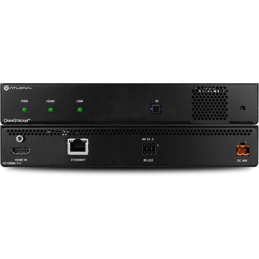 Atlona AT-OMNI-111 OmniStream encoder front panel with PWR, HDMI and LINK LEDs above rear HDMI IN, Ethernet and RS-232