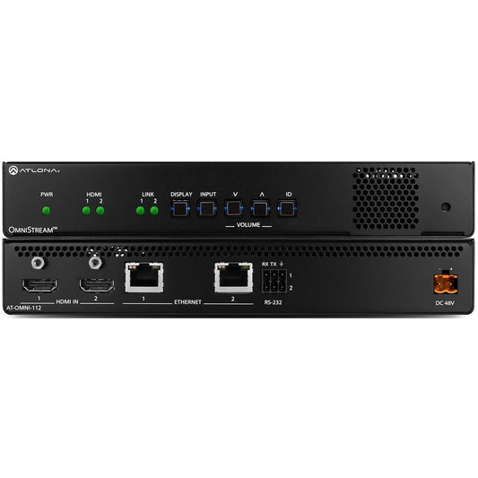 Atlona AT-OMNI-112 OmniStream AV over IP encoder front panel with status LEDs and rear HDMI, Ethernet, RS-232 ports