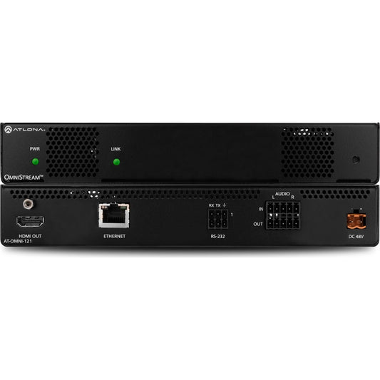 Atlona AT-OMNI-121 OmniStream AV over IP decoder front panel with PWR and LINK LEDs above rear HDMI, Ethernet, RS-232 and aud