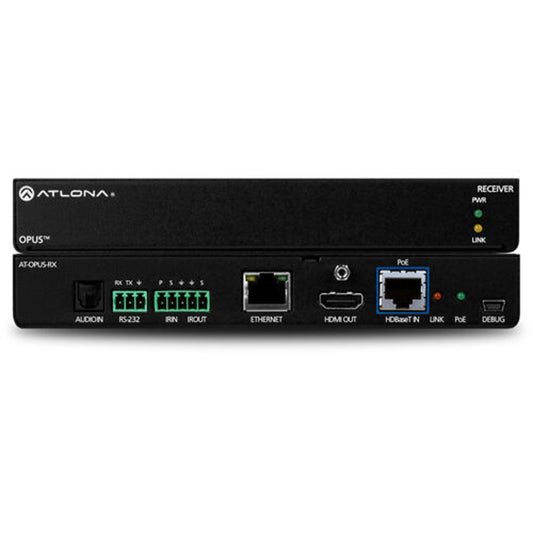 Atlona AT-OPUS-RX HDBaseT receiver front and rear panels with HDMI out, Ethernet, RS-232, and IR ports