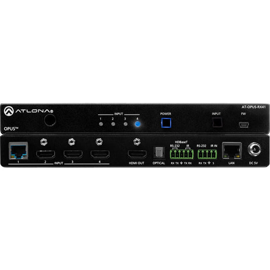 Atlona AT-OPUS-RX41 4K HDR switcher front panel with input LEDs above rear HDMI, HDBaseT, and LAN ports