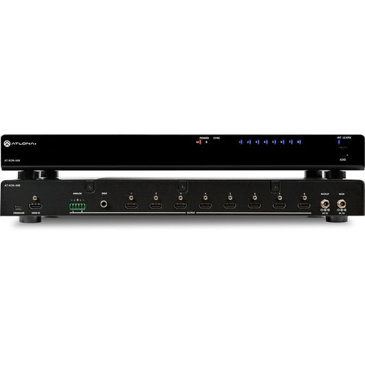 Atlona AT-RON-448 HDMI distribution amplifier front panel LEDs above rear panel HDMI outputs and audio ports