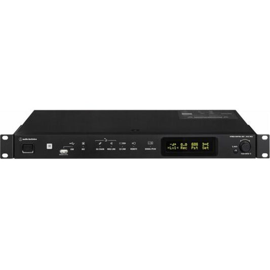Audio-Technica ATUC-IRCU control unit shown from a raised front angle with rack ears and lit display