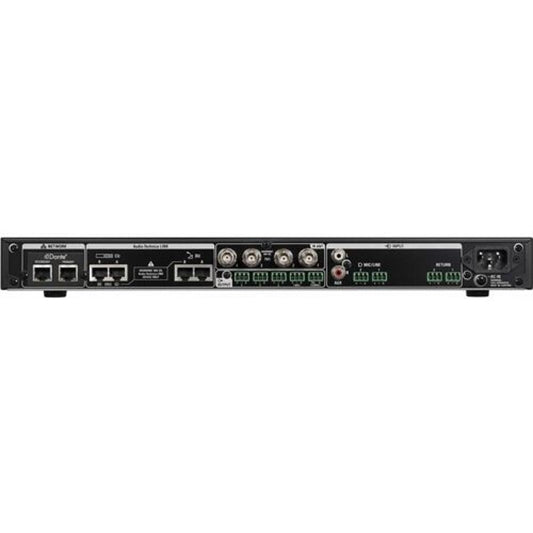 Audio-Technica ATUC-IRCUDAN rear panel with Dante network ports, BNC IR jacks, terminal blocks and AC inlet