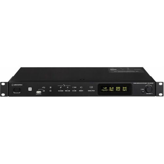 Audio-Technica ATUC-IRCUDAN discussion system control unit, angled front view with rack ears and OLED display