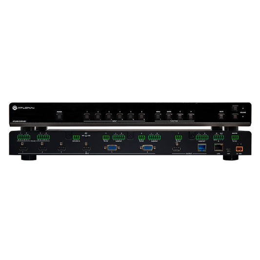 Atlona AT-UHD-CLSO-601 multi-format switcher front panel buttons above rear panel HDMI, VGA and LAN ports