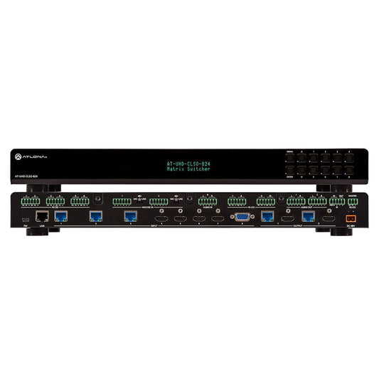 Atlona AT-UHD-CLSO-824 matrix switcher front panel with display and keypad above rear connector panel