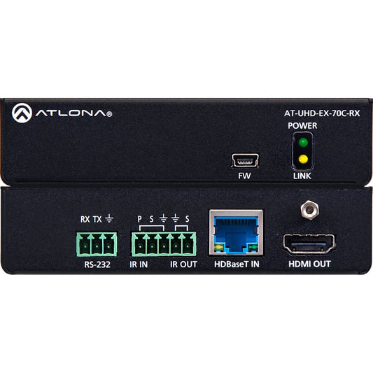 Atlona AT-UHD-EX-70C-RX HDBaseT receiver front panel LEDs above rear RS-232, IR, and HDMI OUT ports