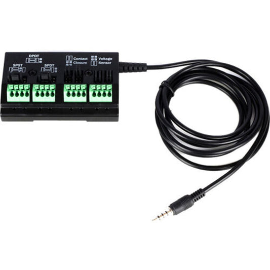 Atlona AT-VCC-RELAY-KIT relay module with green terminal blocks and coiled captive 3.5 mm cable