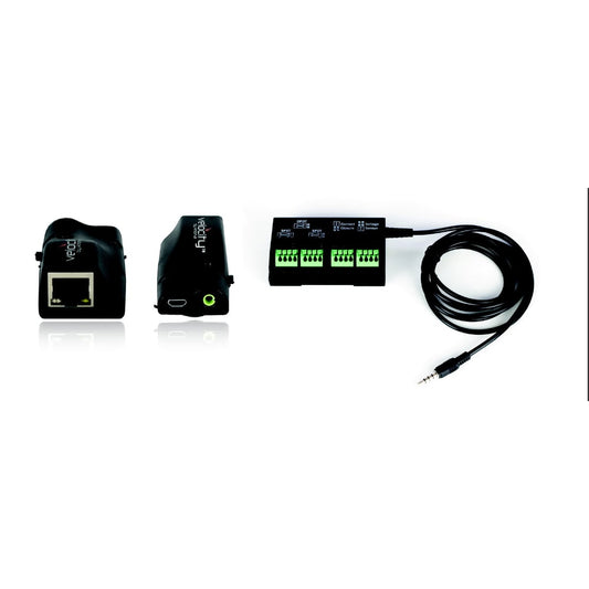 Atlona AT-VCC-RELAY-KIT full kit with Velocity converter shown front and back plus relay module and cable