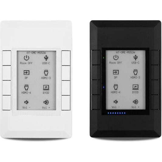 Atlona AT-VKP-8E Velocity keypad shown with included white and black faceplates and e-ink display