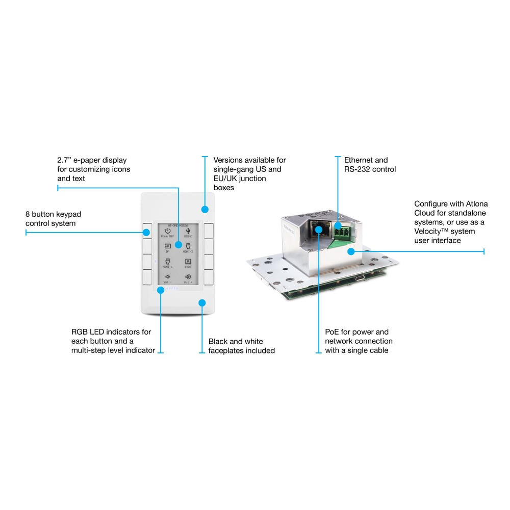 ATLONA AT-VKP-8E Velocity 8 Button Keypad With E-Ink Display Includes Black And White