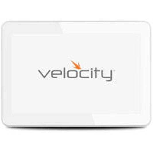 Atlona AT-VTP-1000VL-WH 10" touch panel front view in white with Velocity logo on screen