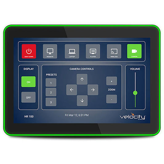 Atlona AT-VTPG-1000VL-BL 10" touch panel front view with Velocity camera controls and volume slider on screen