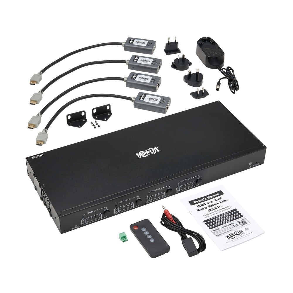 TRIPPLITE B127A-4X4-BH4PH 4X4 Hdmi Over Cat6 Matrix Switch Kit, Switch/4X Pigtail Receiver