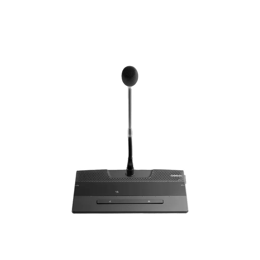Confidea GO G4 front view with gooseneck microphone, foam windscreen, speaker grille, and touch bar, Televic