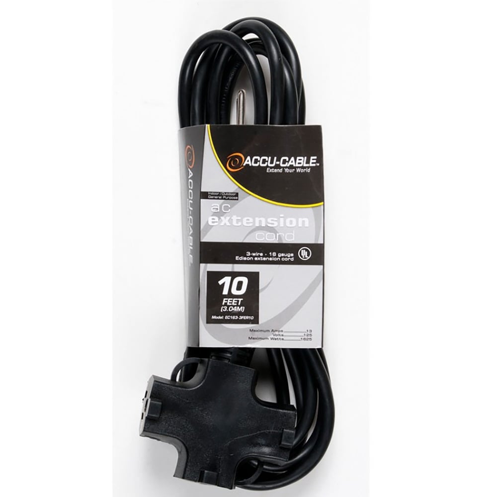 Accu-Cable EC163 Edison Extension Cable For AC Power Distribution | 3-fer | 10 ft