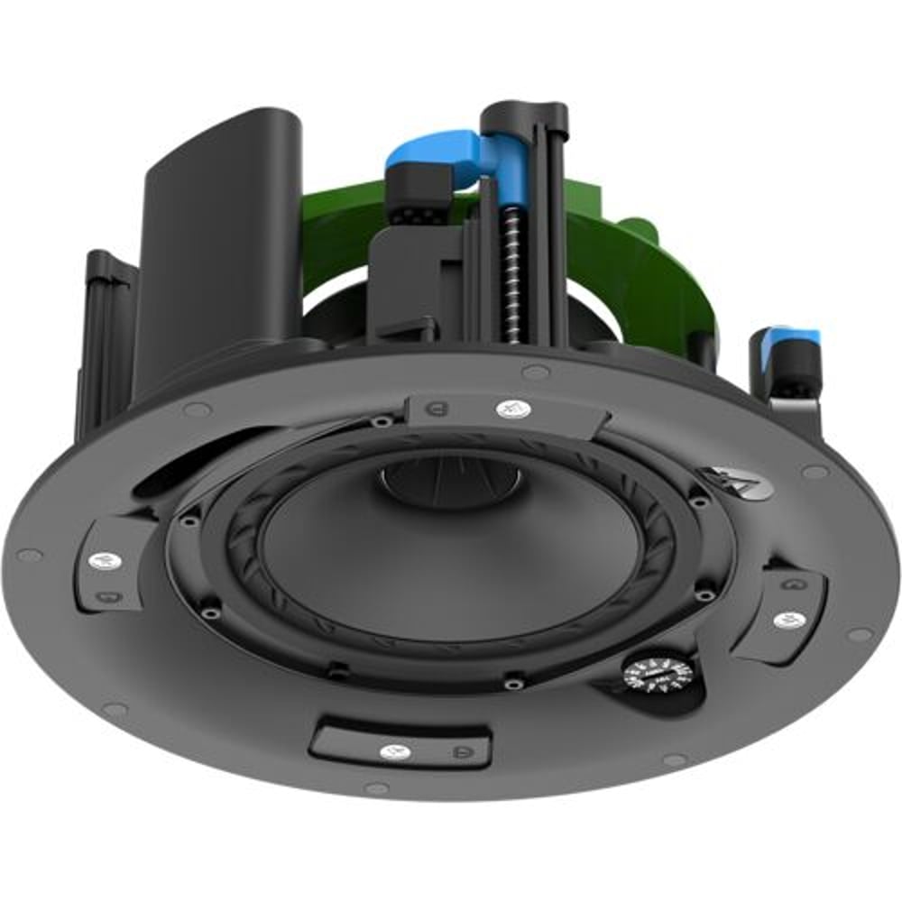 AtlasIED FC-6DRV 6" ceiling speaker pre-install driver, angled view with tile rails and tap selector dial