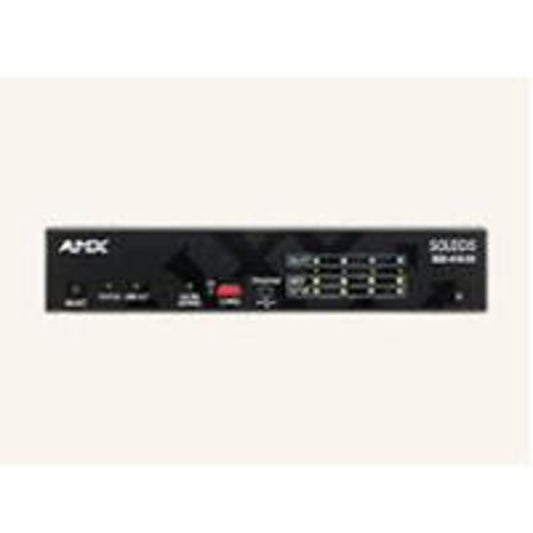 AMX Solecis 4K HDMI digital switcher front panel with status LEDs and red select button