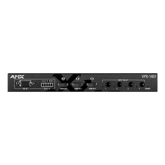 AMX VPX-1401 presentation switcher front panel with VGA, audio, three HDMI inputs and input select buttons