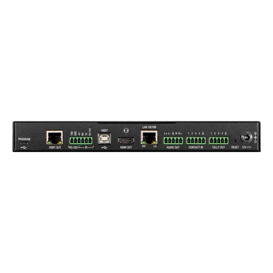 AMX VPX-1401 rear panel showing HDBT OUT, RS-232, USB host, HDMI OUT, LAN and green terminal blocks
