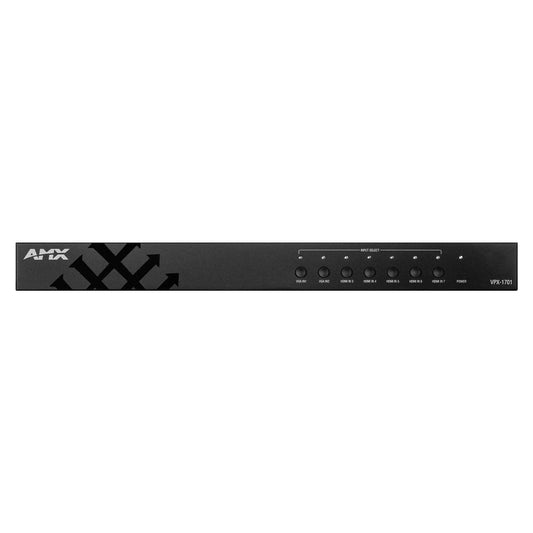 AMX VPX-1701 video switcher front panel with input select buttons for VGA and HDMI sources