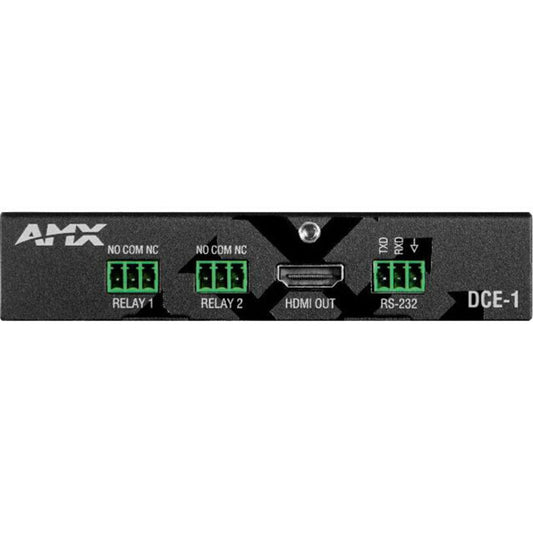 AMX DCE-1 in-line controller front panel with relay 1, relay 2, HDMI OUT and RS-232 terminal blocks