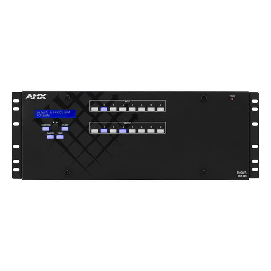 AMX Enova DGX 800 rack-mount enclosure front panel with LCD menu, input and output buttons, rack ears